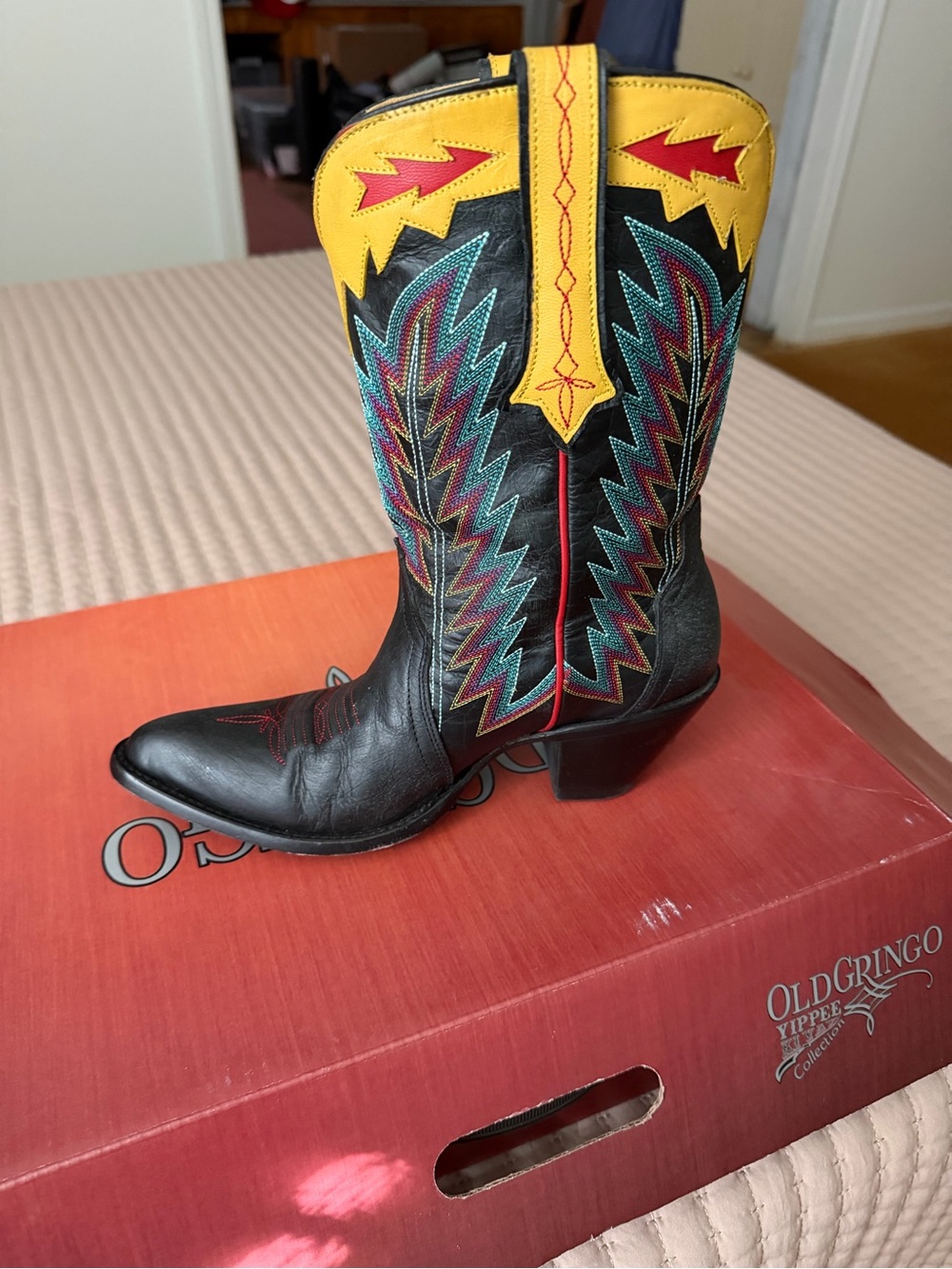 Old Gringo Black Leather Western Boots with Yellow Top and Turquoise Stitching